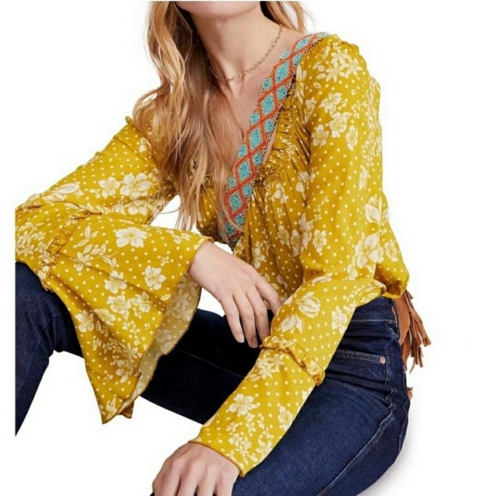 Free People One On One Floral Bell Sleeve Ruffled Bodysuit S NWT Marigold Yellow